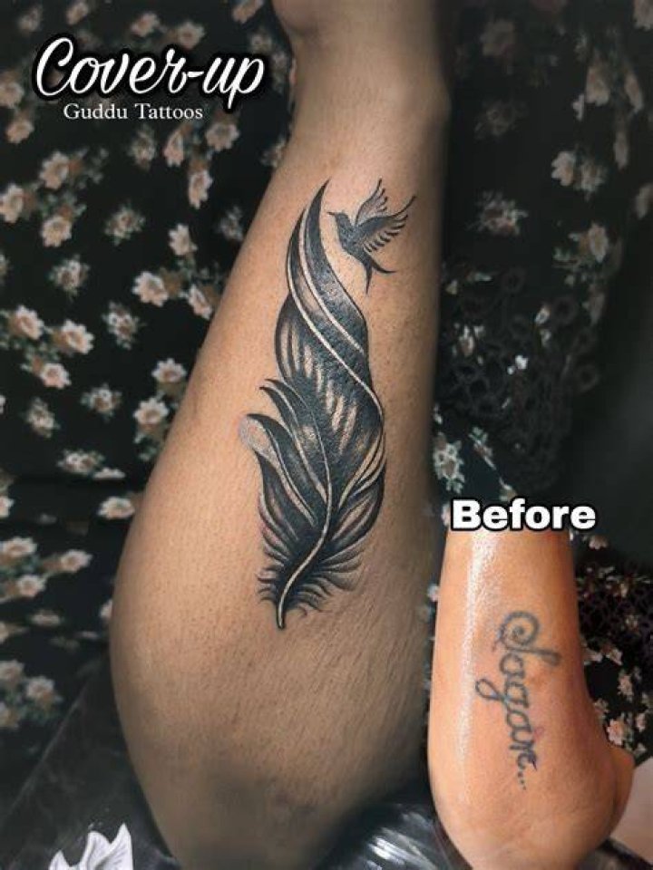 Cover up tattoo of a pine tree on the forearm.