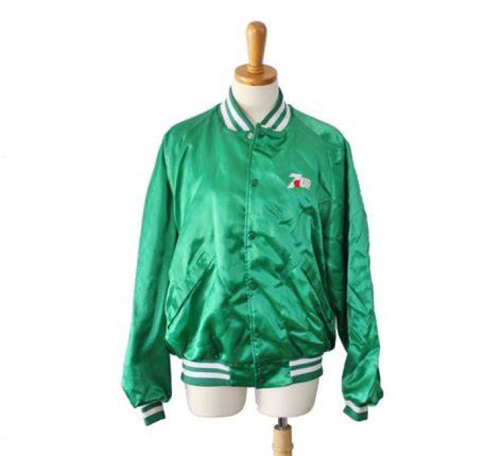 Vintage 70s Green Satnin 7 Up Baseball Snap Button Jacket Men M Women
